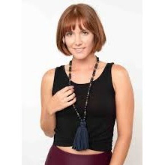 Mud Pie Jersey Tassel Necklace - Navy Blue & Gold Beads - Picture 2 of 4